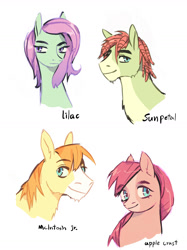 Size: 1280x1708 | Tagged: safe, artist:lovelyluckyy, imported from derpibooru, oc, oc only, oc:apple crust, oc:lilac, oc:mcintosh jr., oc:sun petal, earth pony, pegasus, pony, bust, female, half-siblings, magical lesbian spawn, male, mare, offspring, parent:big macintosh, parent:fluttershy, parent:tree hugger, parents:flutterhugger, parents:fluttermac, siblings, simple background, stallion, white background