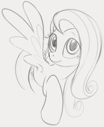 Size: 730x891 | Tagged: safe, artist:dotkwa, imported from derpibooru, fluttershy, pegasus, pony, cute, female, grayscale, looking at you, mare, monochrome, raised hoof, shyabetes, sketch, smiling, smiling at you, solo, spread wings, wings