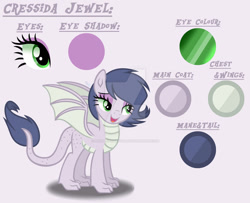 Size: 1280x1038 | Tagged: safe, artist:purplepotato04, imported from derpibooru, oc, oc only, oc:cressida jewel, dracony, dragon, hybrid, deviantart watermark, female, obtrusive watermark, offspring, parent:spike, parent:unknown, reference sheet, solo, watermark