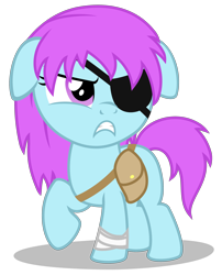 Size: 2560x3170 | Tagged: safe, artist:strategypony, imported from derpibooru, earth pony, pony, adult swim, angry, bag, bandage, come and learn with pibby!, eyepatch, female, filly, high res, messy mane, pibby, ponified, reference to another series, saddle bag, simple background, transparent background