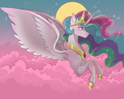 Size: 1280x1024 | Tagged: safe, artist:synubus, imported from derpibooru, princess celestia, alicorn, pony, cloud, crown, ethereal mane, feather, female, flowing mane, hoof shoes, horn, jewelry, moon, night, pink eyes, regalia, signature, starry mane, stars, wings