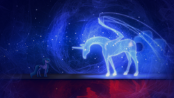 Size: 1920x1080 | Tagged: safe, artist:eqamrd, imported from derpibooru, princess luna, oc, alicorn, horse, pony, alicorn oc, color porn, cutie mark, duo, ethereal body, ethereal mane, ethereal tail, ethereal wings, female, horn, long mane, looking at someone, looking down, mare, mlp fim's eleventh anniversary, reflection, spirit, spread wings, tail, wallpaper, wings