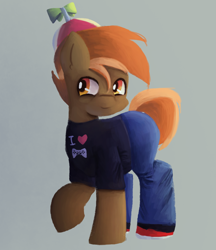 Size: 1298x1500 | Tagged: safe, artist:menalia, imported from derpibooru, button mash, earth pony, pony, clothes, colt, controller, gray background, happy, heart, male, pants, shirt, shoes, simple background, smiling, sneakers, solo, t-shirt, text