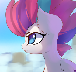 Size: 2600x2464 | Tagged: safe, artist:jfrxd, imported from derpibooru, zipp storm, pegasus, pony, big ears, big eyes, big hair, blurry background, bust, eyebrows, female, g5, high res, mare, my little pony: a new generation, serious, simple background, solo, wings