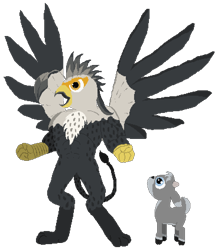 Size: 1107x1269 | Tagged: safe, artist:minus, derpibooru exclusive, imported from derpibooru, oc, oc only, oc:ash gnot, oc:grey gnot, deer, griffon, adopted offspring, age difference, bipedal, chest fluff, clenched fist, colored, colored wings, daybreak island, deer oc, duo, fawn, female, griffon oc, leonine tail, looking up, male, mlp fim's eleventh anniversary, mother and child, mother and son, muscles, muscular female, paws, pixel art, simple background, size difference, spots, spread wings, starry eyes, tail, transparent background, two toned wings, wingding eyes, wings, yelling, yellow eyes