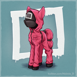 Size: 1815x1814 | Tagged: safe, artist:helmie-art, imported from derpibooru, oc, oc only, unnamed oc, pony, clothes, crossover, fanart, hood, jumpsuit, mask, outfit, pink guard (squid game), ponified, rule 85, solo, square, squid game, standing, three quarter view