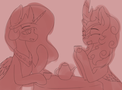 Size: 1960x1462 | Tagged: safe, artist:pegamutt, artist:zyncrus, imported from derpibooru, autumn blaze, princess celestia, alicorn, kirin, pony, collaboration, food, lineart, mlp fim's eleventh anniversary, monochrome, tea, wip