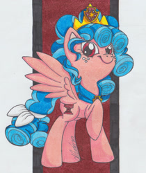 Size: 1280x1525 | Tagged: safe, artist:rhythm-is-best-pony, imported from derpibooru, cozy glow, pegasus, pony, crown, female, filly, jewelry, raised hoof, regalia, solo, traditional art