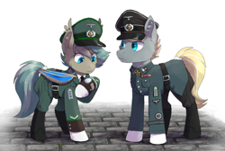 Size: 2474x1662 | Tagged: safe, artist:kaliner123, imported from derpibooru, oc, bat pony, earth pony, pony, alternate history, armed police, blackletter, boots, clothes, female, germany, hat, male, military uniform, nazi, peaked cap, shoes, swastika, the new order, tno, uniform, watch, wristwatch