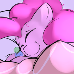 Size: 2000x2000 | Tagged: safe, artist:askcanadash, imported from derpibooru, pinkie pie, oc, oc:anon, pony, bed, cute, diapinkes, high res, macro, micro, moonlight, sleeping, snuggling