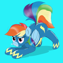 Size: 1512x1512 | Tagged: safe, artist:eels, imported from derpibooru, rainbow dash, pegasus, pony, blue background, clothes, face down ass up, female, gritted teeth, iwtcird, mare, meme, simple background, snorting, solo, teeth, uniform, wonderbolts uniform