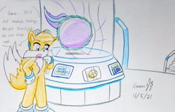 Size: 1889x1220 | Tagged: safe, artist:gmangamer25, imported from derpibooru, starlight glimmer, anthro, plantigrade anthro, ball, dialogue, glimmerball, miles "tails" prower, rolling, sonic the hedgehog (series), spin dash, traditional art