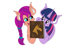 Size: 7016x4961 | Tagged: safe, artist:syncedsart, imported from derpibooru, sunny starscout, twilight sparkle, alicorn, earth pony, pony, unicorn, absurd resolution, book, clip studio paint, cute, female, g4, g5, happy birthday mlp:fim, mlp fim's eleventh anniversary, my little pony: a new generation, simple background, sunny and her heroine, transparent background, twilight sparkle (alicorn)