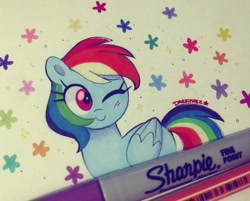 Size: 1080x869 | Tagged: safe, artist:darkynez, imported from derpibooru, rainbow dash, pegasus, pony, female, flower, mare, one eye closed, sharpie, solo, traditional art, wink