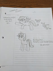 Size: 1280x1707 | Tagged: safe, artist:nightshadowmlp, imported from derpibooru, oc, oc only, oc:firework blast, oc:rainlight shine, pegasus, unicorn, female, lined paper, mare, redesign, text, traditional art