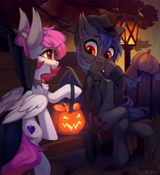 Size: 3600x3936 | Tagged: safe, artist:taneysha, imported from derpibooru, oc, oc only, bat pony, pegasus, pony, bat pony oc, female, food, halloween, high res, holiday, mango, pegasus oc, pumpkin