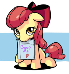 Size: 649x697 | Tagged: safe, artist:gsphere, edit, imported from derpibooru, apple bloom, earth pony, pony, boop request, female, filly, mouth hold, notebook, solo