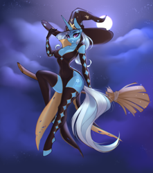 Size: 3471x3933 | Tagged: safe, artist:u_lu_lu, imported from derpibooru, trixie, anthro, unguligrade anthro, unicorn, absolute cleavage, breasts, broom, cleavage, clothes, female, flying, flying broomstick, hat, high res, horn, leggings, looking at you, night, night sky, side slit, sky, solo, stupid sexy trixie, total sideslit, witch, witch costume, witch hat