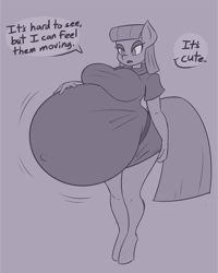 Size: 2269x2836 | Tagged: safe, artist:funble, imported from derpibooru, maud pie, anthro, earth pony, unguligrade anthro, belly, belly button, big belly, big breasts, breasts, busty maud pie, clothes, dialogue, dress, female, hand on belly, high res, huge belly, hyper, hyper belly, hyper pregnancy, impossibly large belly, outie belly button, pregnant