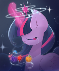 Size: 1750x2100 | Tagged: safe, artist:miryelis, imported from derpibooru, twilight sparkle, alicorn, pony, crying, element of generosity, element of honesty, element of kindness, element of laughter, element of loyalty, element of magic, elements of harmony, eyes closed, female, glowing, glowing horn, horn, solo, teary eyes, twilight sparkle (alicorn)