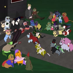 Size: 1920x1920 | Tagged: safe, artist:kerosinecannibal, imported from derpibooru, oc, oc:avocado, oc:bonnie, oc:doctor crazystein, fluffy pony, clothes, costume, fluffy pony original art, halloween, holiday, hugbox