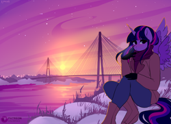 Size: 3900x2826 | Tagged: safe, artist:xjenn9, imported from derpibooru, twilight sparkle, alicorn, anthro, bridge, clothes, female, high res, looking at you, scarf, scenery, sitting, snow, solo, spread wings, sun, twilight sparkle (alicorn), wings, winter