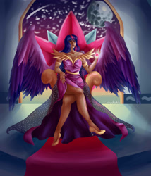 Size: 3000x3500 | Tagged: safe, artist:waywardberkian, imported from derpibooru, twilight sparkle, human, clothes, dark skin, dress, female, high heels, high res, humanized, magic, shoes, solo, throne, winged humanization, wings