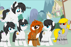 Size: 1021x668 | Tagged: safe, artist:mythoschan, imported from derpibooru, earth pony, pegasus, pony, unicorn, dreamworks, king julien, kowalski, madagascar (dreamworks), marlene, ponified, private (madagascar), rico, skipper, the penguins of madagascar