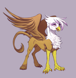 Size: 2989x3057 | Tagged: safe, artist:1an1, imported from derpibooru, gilda, griffon, eye clipping through hair, eyebrows, eyebrows visible through hair, female, high res, open mouth, pubic fluff, purple background, simple background, solo, spread wings, wings