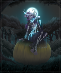 Size: 2500x3000 | Tagged: safe, artist:artistgenepal, imported from derpibooru, starlight glimmer, anthro, unguligrade anthro, unicorn, chains, clothes, curved horn, dress, female, forest, full moon, glowing, glowing horn, grim reaper, grin, high res, horn, moon, night, pumpkin, skull, smiling, solo, tree