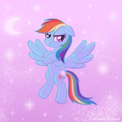 Size: 800x800 | Tagged: safe, artist:flutterberrypie, imported from derpibooru, rainbow dash, pegasus, pony, crossed arms, female, floppy ears, flying, looking at you, moon, night, simple background, sky, smiling, solo, spread wings, stars, wings