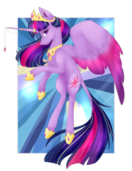 Size: 2000x2588 | Tagged: safe, artist:viking3ggs, imported from derpibooru, twilight sparkle, alicorn, pony, alicorn oc, colored wings, female, flying, high res, hoof shoes, horn, jewelry, leonine tail, mare, peytral, simple background, solo, tail, tiara, transparent background, twilight sparkle (alicorn), two toned wings, wings