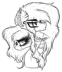 Size: 1855x2143 | Tagged: safe, artist:beamybutt, imported from derpibooru, oc, oc only, oc:bluebell, earth pony, pony, duo, ear fluff, ear piercing, earring, earth pony oc, eyelashes, female, jewelry, lineart, male, mare, monochrome, piercing, simple background, smiling, stallion, white background