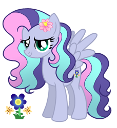 Size: 1148x1259 | Tagged: safe, artist:madlilon2051, imported from derpibooru, oc, oc only, pegasus, pony, base used, crack ship offspring, eyelashes, female, flower, flower in hair, offspring, parent:fluttershy, parent:noteworthy, pegasus oc, simple background, smiling, solo, transparent background, wings