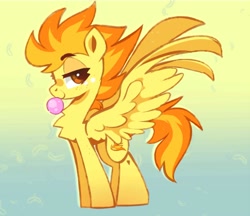 Size: 1000x864 | Tagged: safe, artist:sugaryyflower, imported from derpibooru, spitfire, pegasus, pony, abstract background, blowing bubblegum, bubblegum, bushy brows, chewing, eating, feathered wings, featured image, female, food, freckles, grin, gum, looking at you, mare, raised eyebrow, smiling, solo, spread wings, standing, wings, wonderbolts