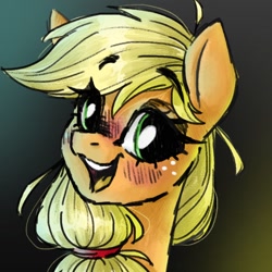 Size: 1024x1024 | Tagged: safe, artist:madkadd, imported from derpibooru, applejack, earth pony, pony, abstract background, blushing, bust, eyelashes, female, freckles, mare, smiling, solo