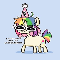 Size: 3000x3000 | Tagged: safe, artist:madkadd, imported from derpibooru, oc, oc only, oc:kadus, pony, unicorn, blue background, eyelashes, female, hat, high res, horn, mare, multicolored hair, party hat, rainbow hair, simple background, unicorn oc