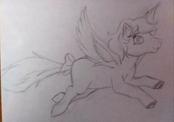 Size: 3215x2260 | Tagged: safe, artist:mjangelvortex, imported from derpibooru, firefly, pegasus, pony, bow, female, flying, g1, high res, mare, simple background, solo, tail, tail bow, traditional art