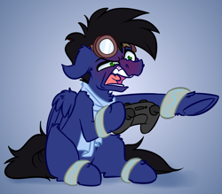 Size: 4000x3500 | Tagged: safe, artist:witchtaunter, imported from derpibooru, oc, oc only, pegasus, pony, angry, clothes, commission, controller, gamer, goggles, male, pointing, red face, scarf, sitting, solo, yelling