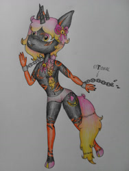 Size: 972x1296 | Tagged: safe, artist:brot-art, imported from derpibooru, oc, oc only, anthro, bicorn, unguligrade anthro, chains, cloven hooves, female, horn, multiple horns, smiling, solo, tattoo, traditional art, waving