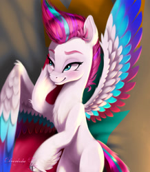 Size: 1721x1971 | Tagged: safe, artist:darksly, imported from derpibooru, zipp storm, pegasus, pony, bedroom eyes, blushing, body pillow, chest fluff, commission, feathered fetlocks, female, g5, hoof on cheek, lidded eyes, looking away, mare, my little pony: a new generation, preview, smiling, solo, spread wings, three quarter view, wings