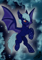 Size: 500x711 | Tagged: safe, artist:succy, imported from derpibooru, oc, oc only, oc:stellar light, bat pony, pony, bat wings, chest fluff, cloud, ear fluff, eyebrows, eyebrows visible through hair, fangs, flying, male, night, outdoors, signature, sky, smiling, solo, spread wings, stallion, stars, wings