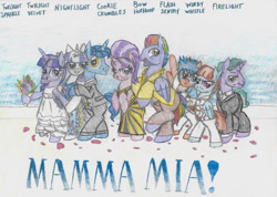 Size: 1280x910 | Tagged: safe, artist:gibina4ever, imported from derpibooru, bow hothoof, cookie crumbles, firelight, flash sentry, flower bouquet, night light, twilight sparkle, twilight velvet, windy whistles, pegasus, pony, unicorn, bouquet, bouquet of flowers, clothes, dress, flower, implied starlight glimmer, implied sunset shimmer, looking at you, mamma mia!, parody, traditional art, tuxedo