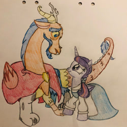 Size: 1024x1024 | Tagged: safe, artist:gibina4ever, imported from derpibooru, flash sentry, twilight sparkle, alicorn, draconequus, pony, beauty and the beast, clothes, crossover, disney, draconequified, dress, female, flashlight, male, shipping, species swap, straight, traditional art, twilight sparkle (alicorn)