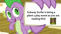 Size: 666x375 | Tagged: safe, edit, edited screencap, imported from derpibooru, screencap, spike, spike at your service, claw hold, exploitable meme, looking at you, meme, open mouth, plant2play, solo, spike card meme, subway surfer