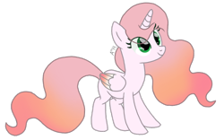 Size: 800x500 | Tagged: safe, imported from twibooru, oc, oc:sunsettaalicorn, alicorn, pony, flowing hair, green eyes, horn, image, orange hair, png, smiling, standing, wings