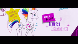 Size: 1920x1080 | Tagged: safe, imported from twibooru, lix spittle, tempest shadow, parrot pirates, my little pony: the movie, claus studios, concept art, credits, emily blunt, image, multicolored hair, needs more jpeg, official, pirate, rainbow hair, stars