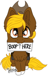 Size: 2180x3468 | Tagged: safe, artist:julunis14, imported from twibooru, oc, oc only, oc:acres, earth pony, pony, arrow, blonde, blonde mane, blonde tail, brown coat, chest fluff, coat markings, cowboy hat, ear fluff, ears, earth pony oc, hat, image, looking at you, male, mouth hold, png, sign, simple background, sitting, socks (coat marking), solo, stallion, text, transparent background