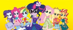 Size: 480x200 | Tagged: safe, imported from twibooru, applejack, fluttershy, pinkie pie, rainbow dash, rarity, sunset shimmer, twilight sparkle, equestria girls, legend of everfree, crystal gala dress, image, mane six, needs more jpeg, official, official art, simple background, yellow background