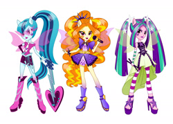 Size: 1950x1397 | Tagged: safe, artist:naokomullally, imported from twibooru, adagio dazzle, aria blaze, sonata dusk, equestria girls, rainbow rocks, box art, concept art, drumsticks, guitar, image, microphone, musical instrument, needs more jpeg, official, official art, ponied up, rainbow rocks outfit, simple background, the dazzlings, white background